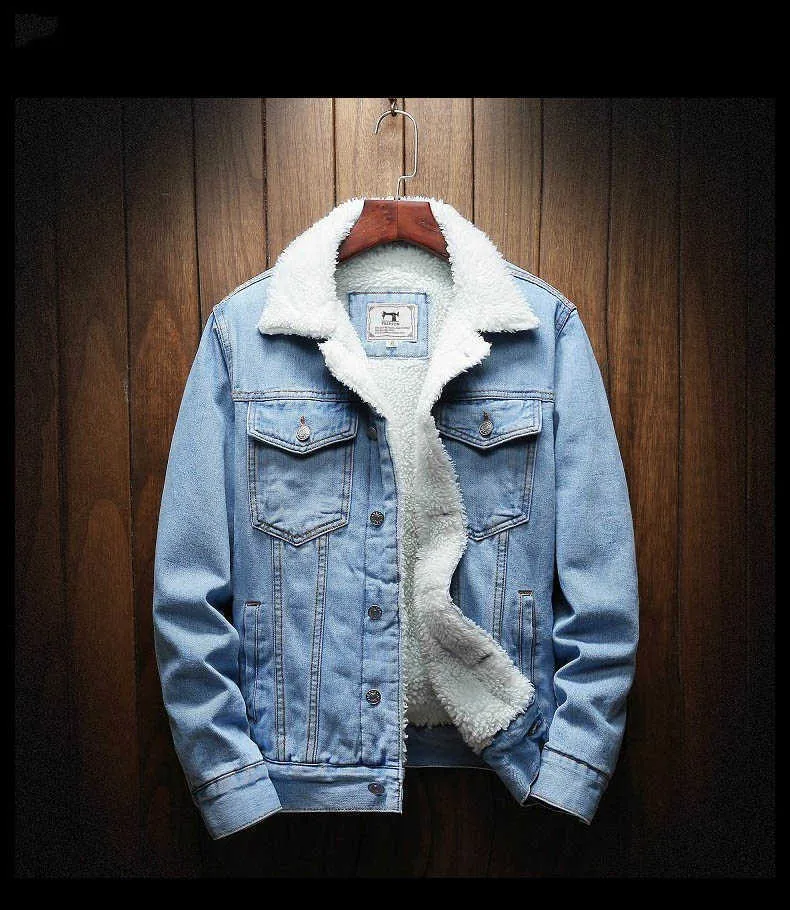 남성 겨울철 재킷 겉옷 따뜻한 데님 코트 남성 대형 양모 라이너 두꺼운 겨울 데님 재킷 플러스 사이즈 XS-6XL 210806