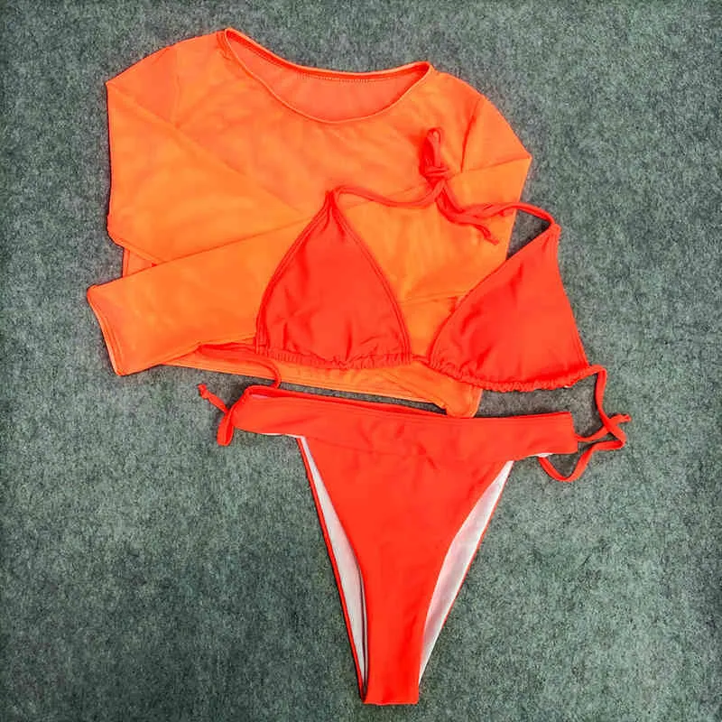 Costume da bagno bikini verde neon a 3 pezzi costume da bagno donna sexy a maniche lunghe bikini a vita alta costume da bagno taglio alto 2103221226494