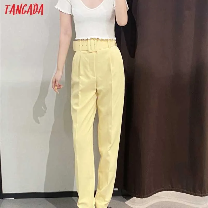 Tangada Mode Femmes Pantalon de costume jaune clair Pantalon avec poches Blet Boutons Bureau Lady Pantalon Pantalon 6A22-1 210609