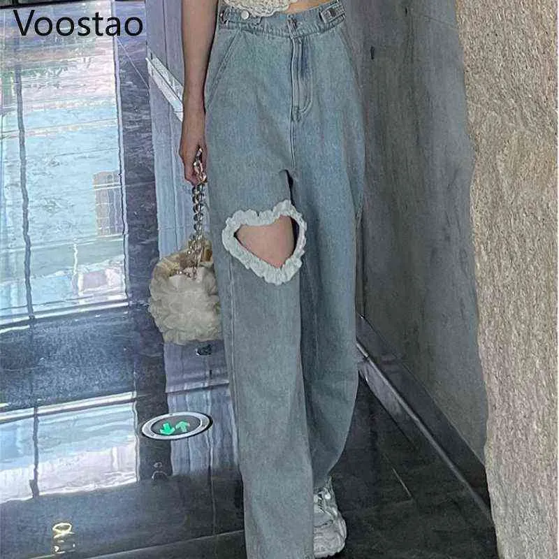 Zoete hoge taille denim broek vrouwen chique liefde hart ruches uitgehold breed beenbroek jeans vrouwelijke streetwear rechte broek 211216