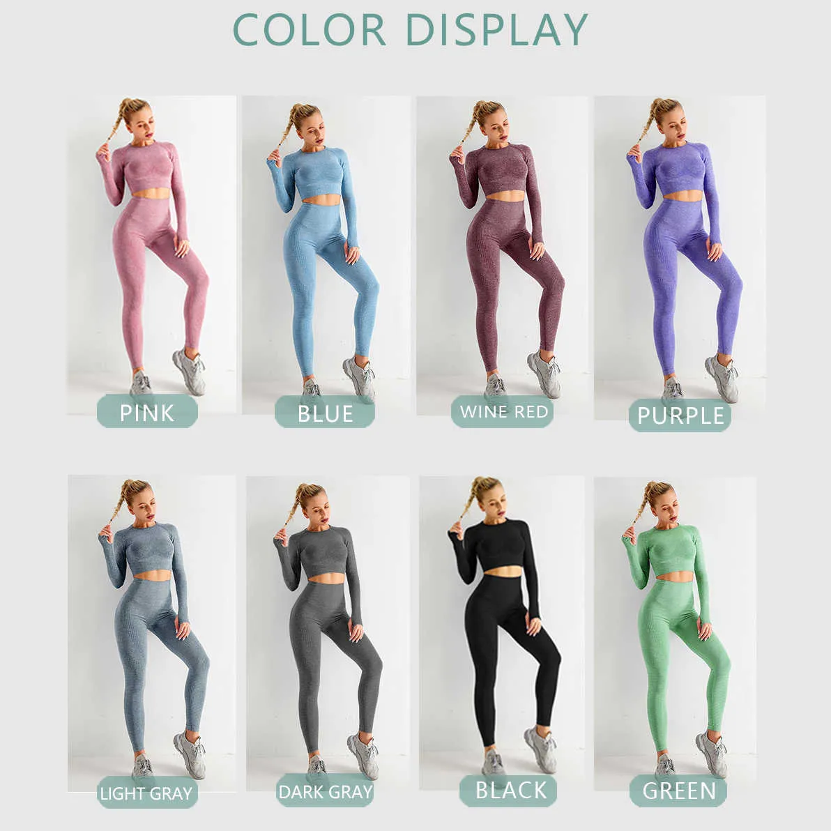 Naadloze Vrouwen Yoga Set Workout Sportkleding Gym Kleding Fitness Lange Mouw Crop Top Hoge Taille Leggings Sports Suits 210802