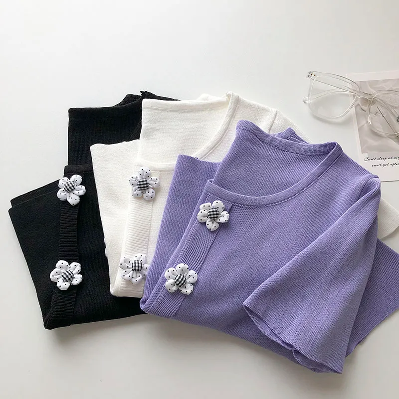 Kimutomo BM Wind T-shirt court Femmes Été Style coréen Filles O Cou Manches courtes Doux Fleur tridimensionnelle Top 210521