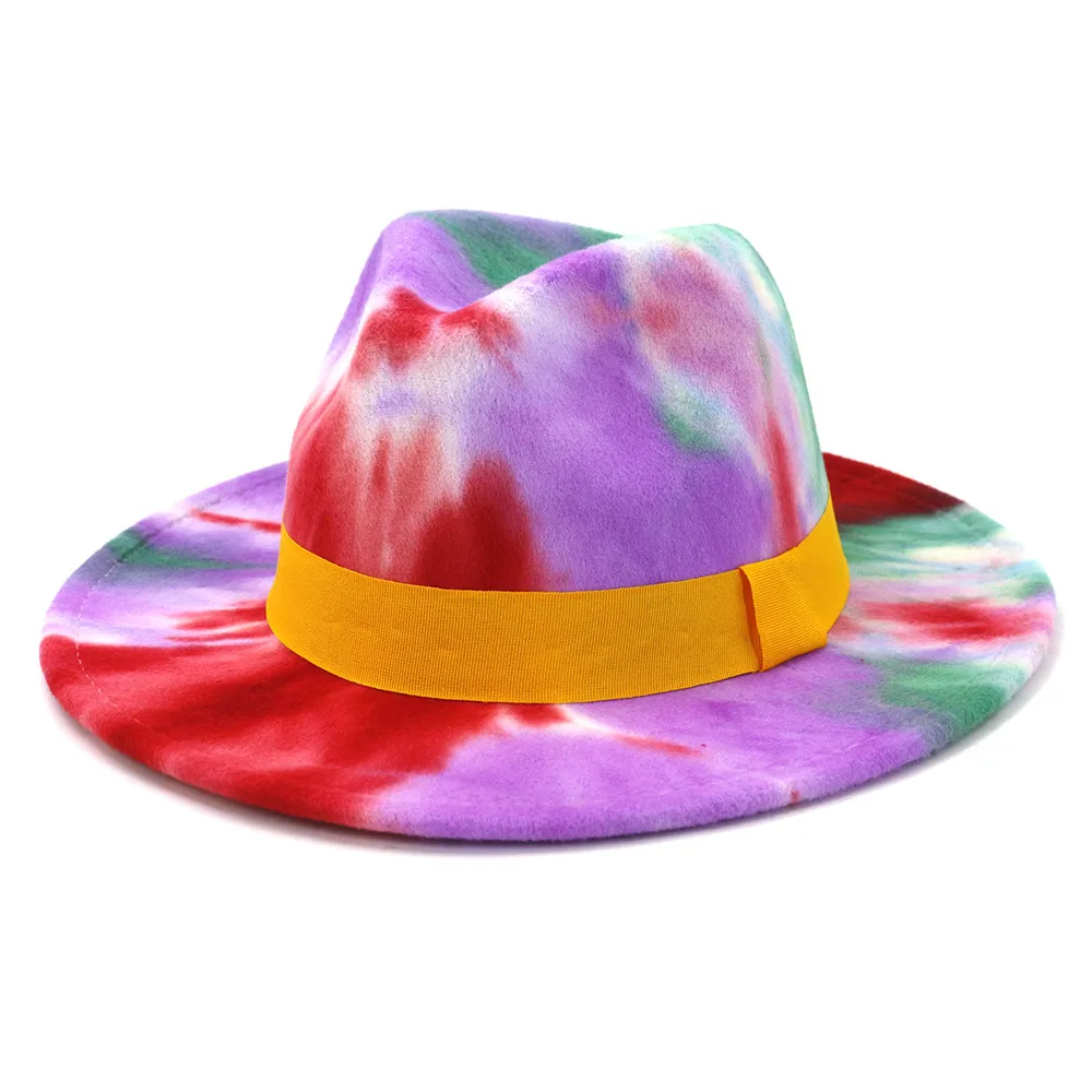 Fashion Flat Brim Jazz Felt chapeau Nouveau arrivée TRENDY LADY TIE colorée Dye Panama FAUX WOOL FEDORA HAT CAP AVEC JAUNE BAND244O