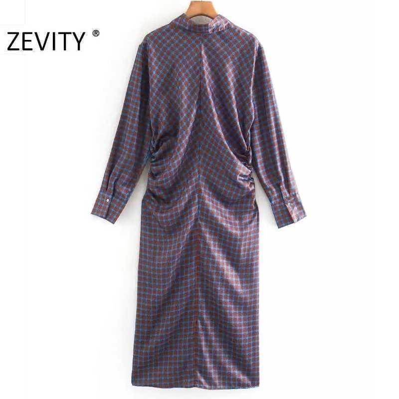 Zevity Jesień Kobiety Vintage Geometryczne Druk Side Plised Shirt Sukienka Damska Odzież Chic Długie Rękaw Biznes Vestido DS4543 210603