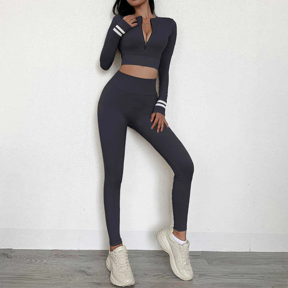 Koszula z długim rękawem Kobiety Joga Zestaw Fitness Wysoka Talia Legging Bezszwowe Kostium Sportwear Trening Dres Siłownia Running Odzież, LF218 210802