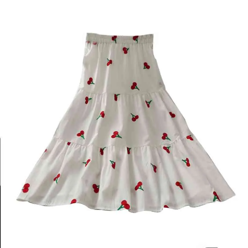 Kimutomo Doux Vent Jupe Filles Fraise Broderie Couture Femmes Lâche Taille Haute Mince A-ligne Jupes Élégant 210521