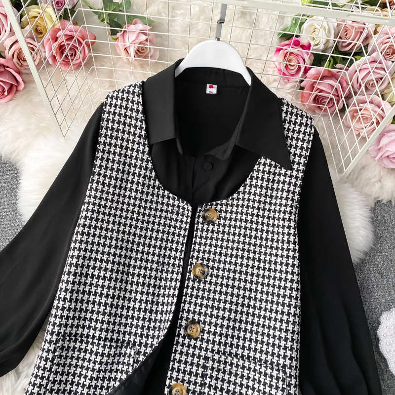 LY VAREY LIN Otoño Mujeres Turn-down Collar Camisa de un solo pecho Traje de estilo pijo + Conjunto de 2 piezas Dulce lindo Plaid Camis Dress 210526