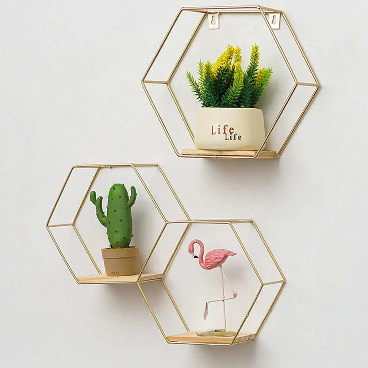 Noir / Or Style Nordique Double Hexagonal Fer Stand Petit Pot Support Mural Étagère Murale Décoration Murale Titulaire De Stockage Decror 210705