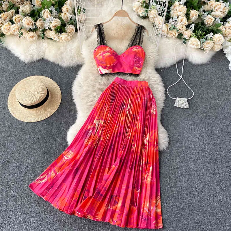 Summer Sexy Chiffon Long Skirt Set Sundress Holiday Ladies Lace Women's Tube Top High Waist Pleated Two Piece Sets Female 210514