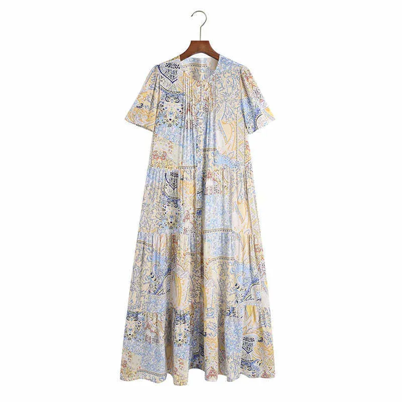 Women Vintage Print Midi Summer Dresses Za Short Sleeve Front Pin Tuck Elegant Party Dress Woman Chic Button Up Loose Dress 210602