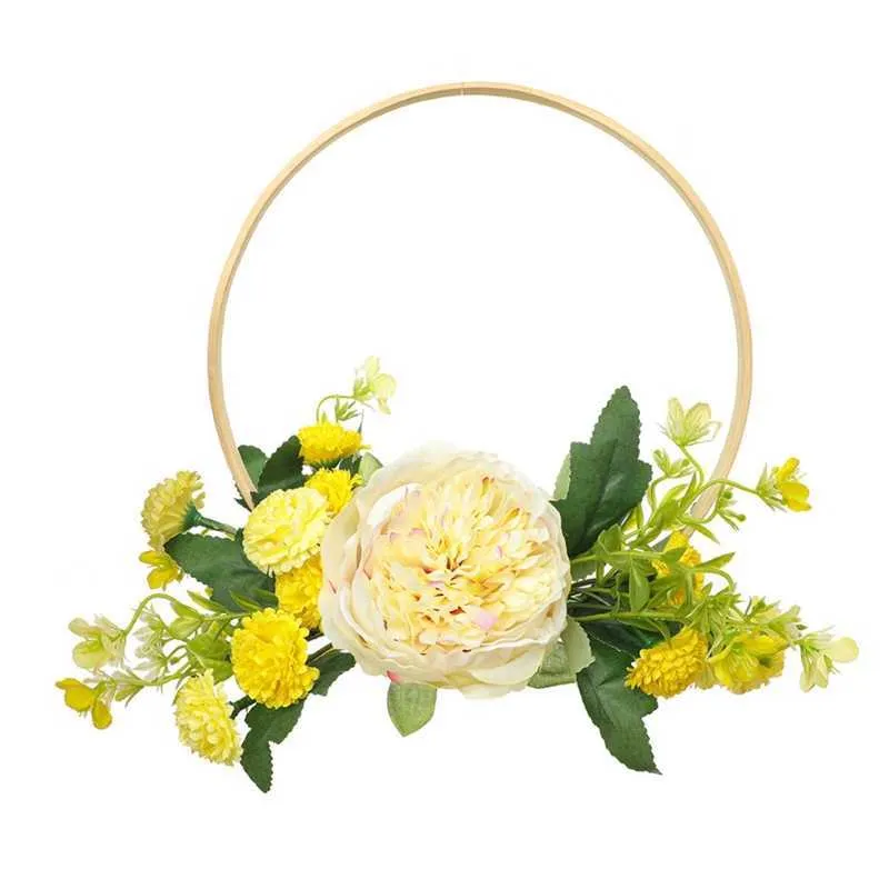 Bamboo Ring Artificial Peony Flower Wreath Handmade Floral Wreaths Garland for front Door Wall Wedding Party Farmhouse Home Y0901