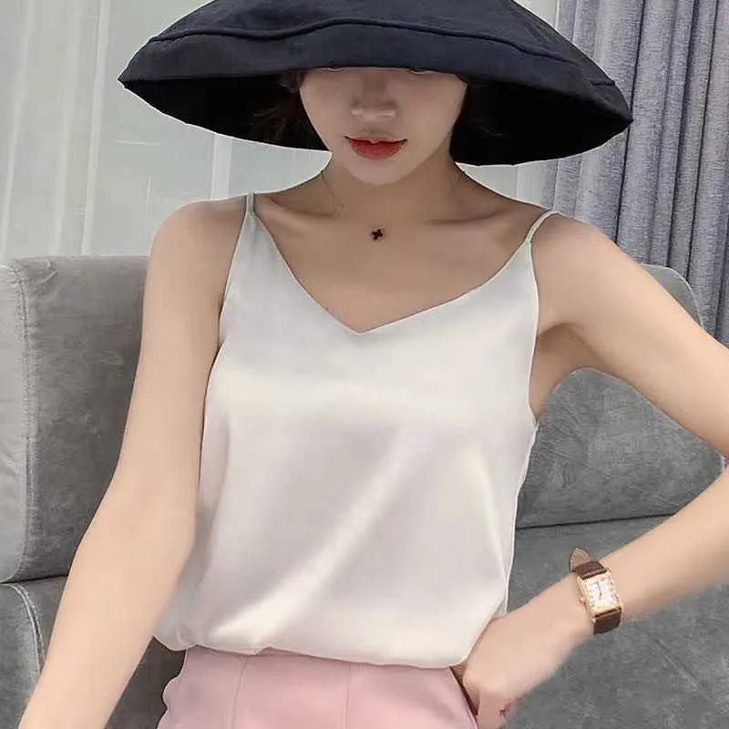 Plus Size Elegant Women White Satin Tops Woman Korean Silk Top V-neck Tank Tops Sleeveless Black Tees Cami Sexy Halter Top 13694 210527