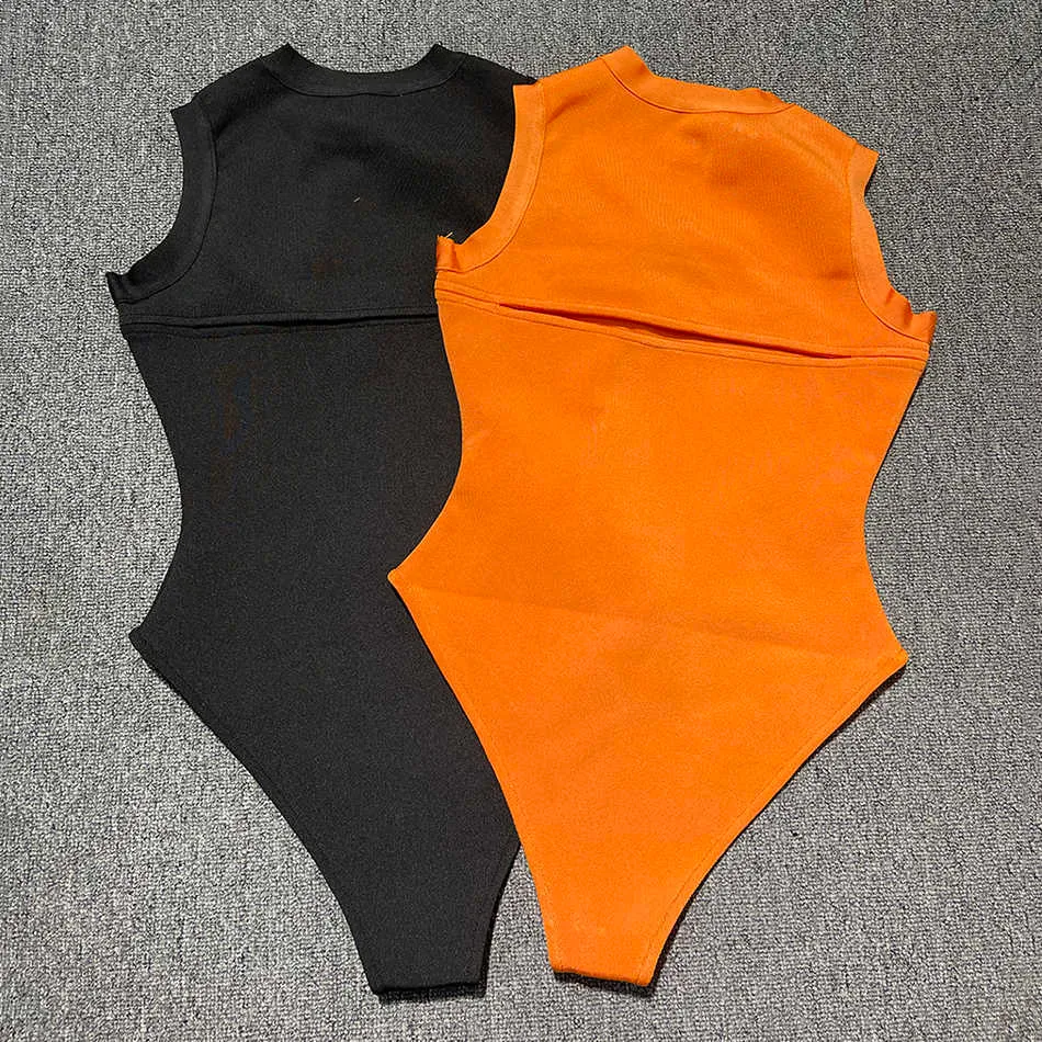 Arancione Sexy Hollow Collant Moda estiva O-Collo Abbigliamento da allenamento donna Leggings di base Fasciatura Tute 210525