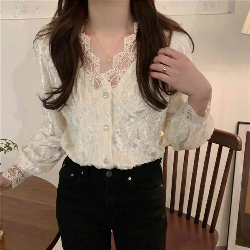 Kvinnor Söt Chic Lace Patchwork Blus Solid Femme Gentle Shirts Office Lady Långärmade Retro Streetwear Toppar 210525