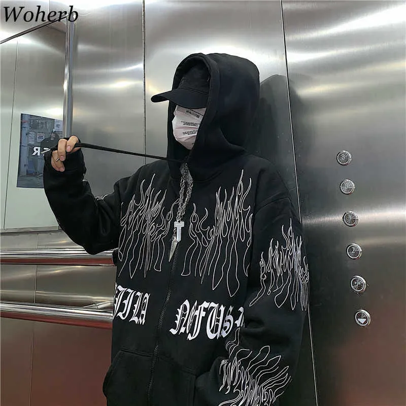 Woherb Sweatshirt Vrouwen Oversized Jassen Fall Woman Clothes Harajuku BF Flame Print Tops Hoodie Koreaanse Hooded Hoodies 210816