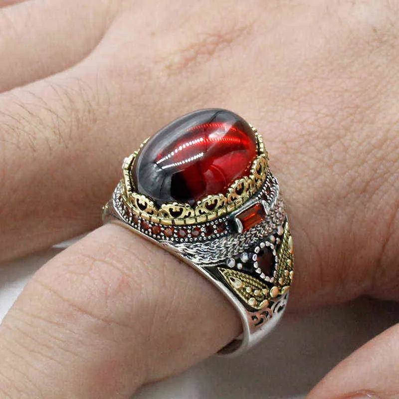 Reale puro anello vintage da uomo 925 turco naturale tailandese argento sterling classico colore rosso zircone anelli di pietra le donne gioielli regalo 211217