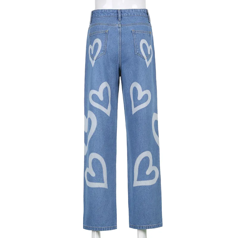 Streetwear moda moda em forma de coração jeans reto de jeans High para feminino para calças de jeans delgadas outono da primavera