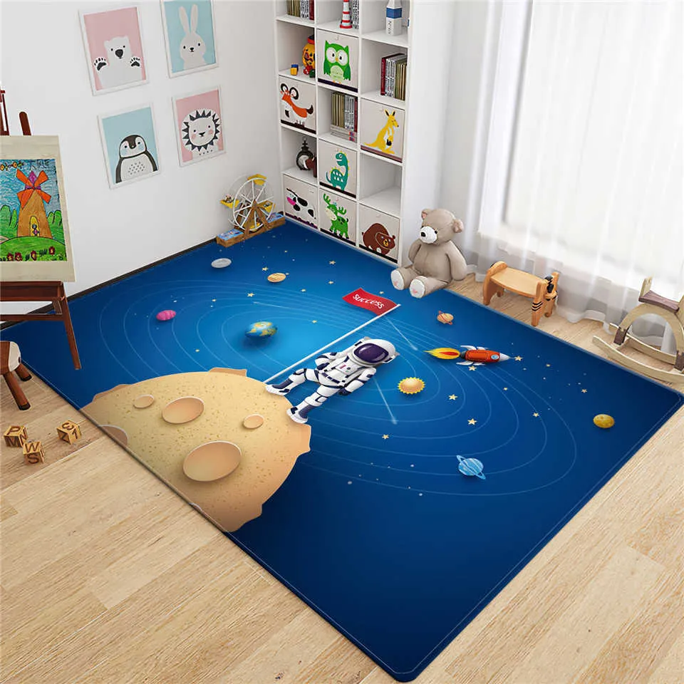 Dessin animé fusée astronaute 3D tapis enfants chambre espace flanelle éponge tapis de sol adolescent chambre tapis mignon ramper tapis de jeu tapis de chevet 210917