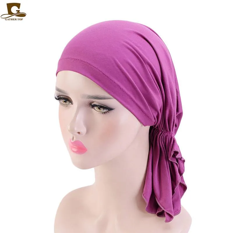 Beanie Skull Caps Muslim Bamboo Cotton Pre-Tied Scarf Chemo Bonnet Women Turban Hat Headwear Headscarf Wrap Cancer Bandanas Hair A302j