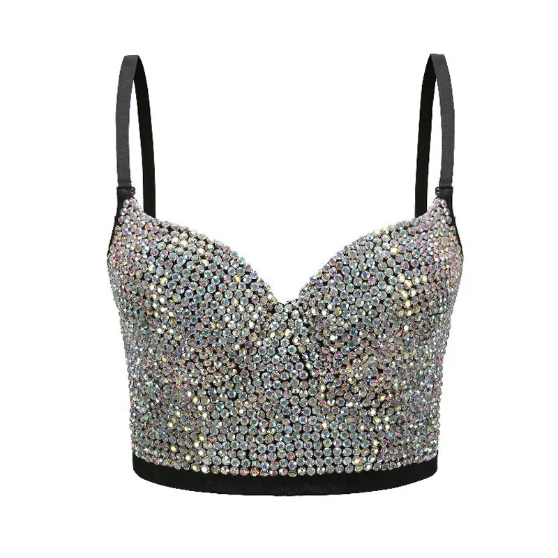 Sexy Strass Crop Top Rave Festival Glitter Bustier Silver Tank Party Night Club Gilet à la main Diamant Bra 210421