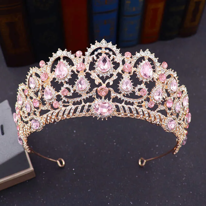 Vintage Barok Różowy Kryształ Tiara Korona Dla Queen Diadem Bridal Crown Tiaras Bride Headbands Wedding Włosy Biżuteria Akcesoria X0625