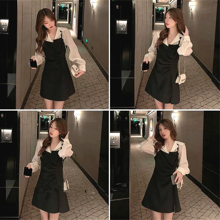 Vestido elegante para mujeres Patchwork casual de manga larga Dama Vestido femenino Vestido negro delgado irregular Coreano 210521