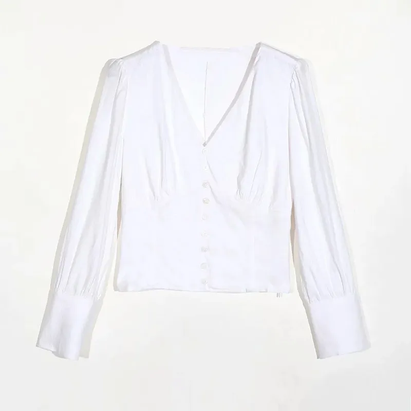 Buitenlandse handel originele factuur retro-stijl linnen sexy v-hals bubble mouw slank was dunne korte witte top 210520 dunne korte mouwen