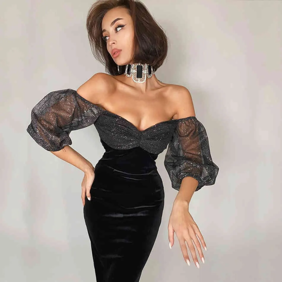 Free Women Bandage Dress Sexy Card Shoulder Lantern Short Sleeve Bodycon Shiny Club Party Midi Vestidos 210524