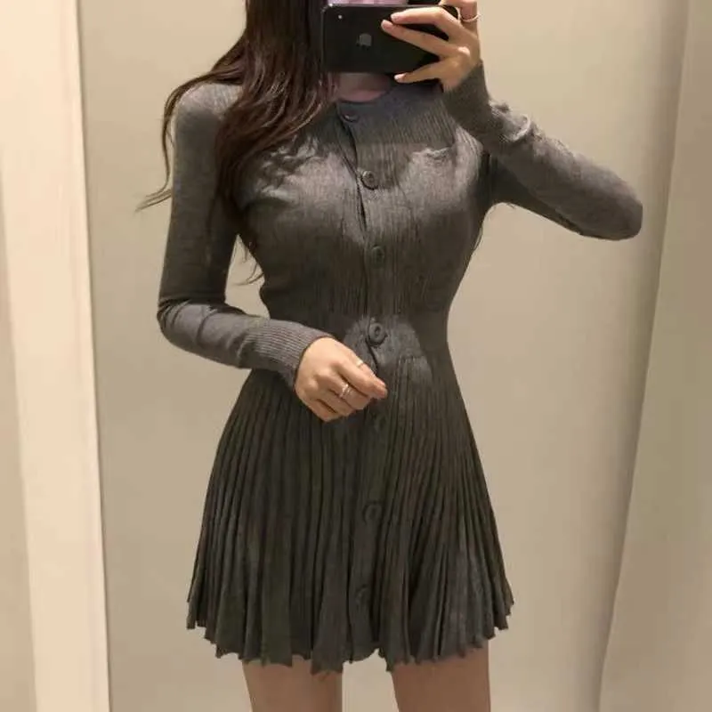 Spring Long Sleeve Knitted Mini Fold Dress Slim And Sweet Single Breasted Pleated High Waist Closed Sexy Ruffle Orange 2VOL 210603