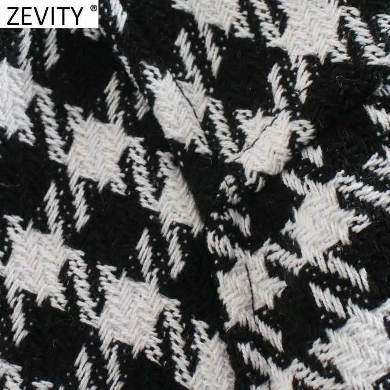 Zevity Kobiety Vintage Kieszenie Patch Houndstooth Print Casual Krótka Koszula Płaszcz Femme Streetwear Znosić Chic Kurtka Topy CT616 210603