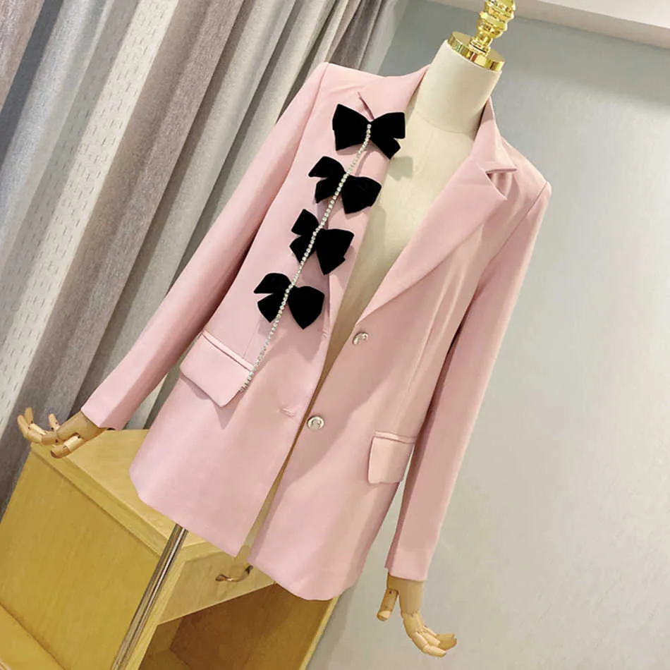 Modeontwerper Blazerjas Dames Zilveren Gesp Boog Hoge kwaliteit V-hals Sexy Roze Wit 210525