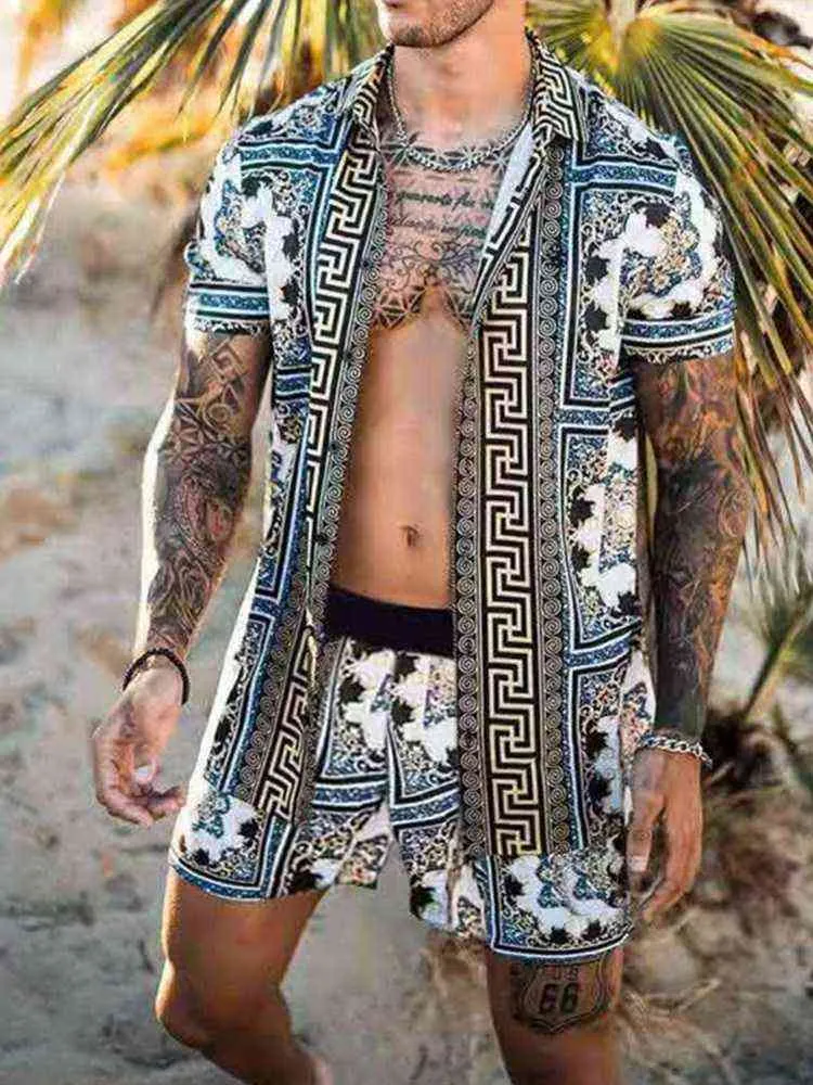 2021 Nowe męskie Zestawy Hawajskie Koszula Lato Koszulka z krótkim rękawem + Spodenki Plażowe Kokosowe Drukuj Mężczyźni Casual Beach Set Two-Pieces S-3XL G0918