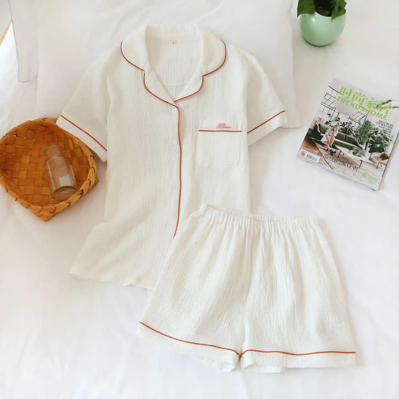 Coppia estiva giapponese pigiama vestito crepe di cotone da donna tinta unita semplice camicia a maniche corte pantaloncini da uomo servizio a domicilio 210809