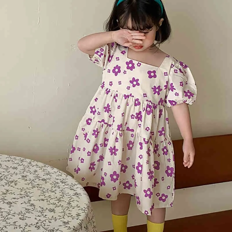 Vestido de menina verão manga curta flor impressão crianças criança criança roupa doce princesa 210515