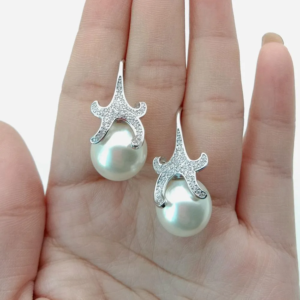 YYGEM 14mm round white sea shell Pearl starfish Cz White Gold color Plated Hook Earrings office style for women