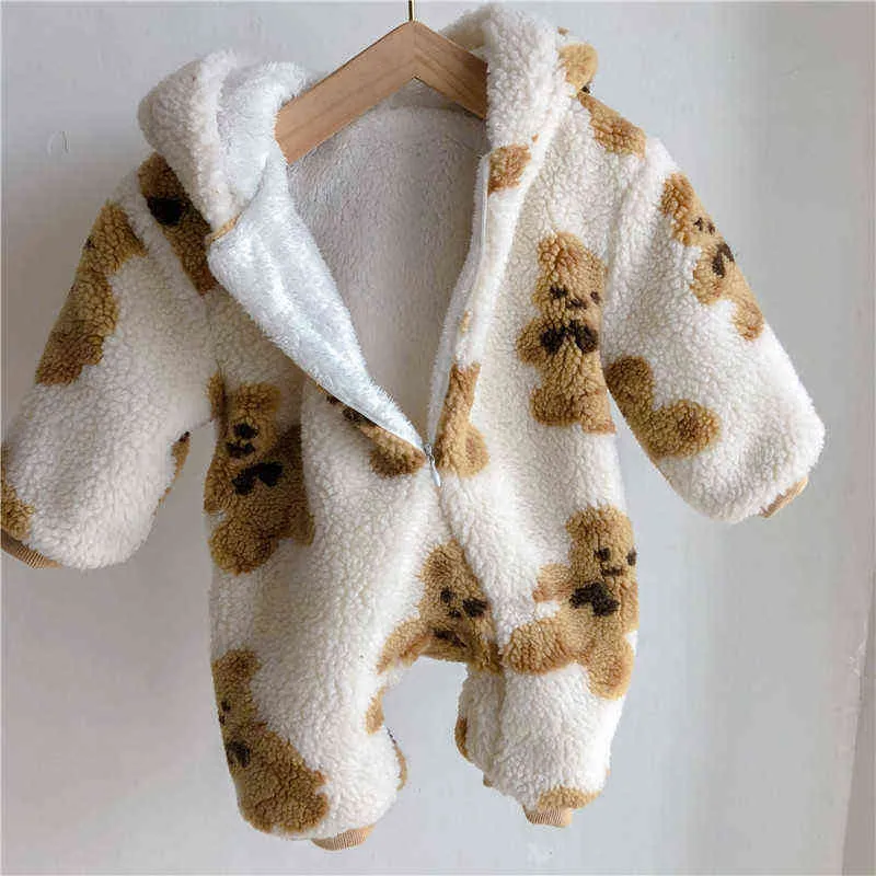 Winter born Baby Cartoon Bear Print Fleece Thicken Rompers Hooded Infants Boy Warm Clothes Kids Toddler Girls Jumpsuits 211229