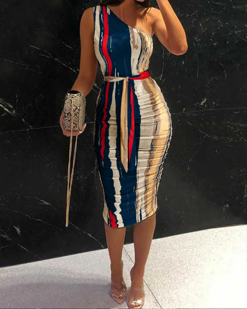 2021 Elegant Workwear Outfits One Shoulder Ruched Tie Front Muticolor Striped Sexy Midi Bodycon Dress Women's Club Party Dresses Y1006