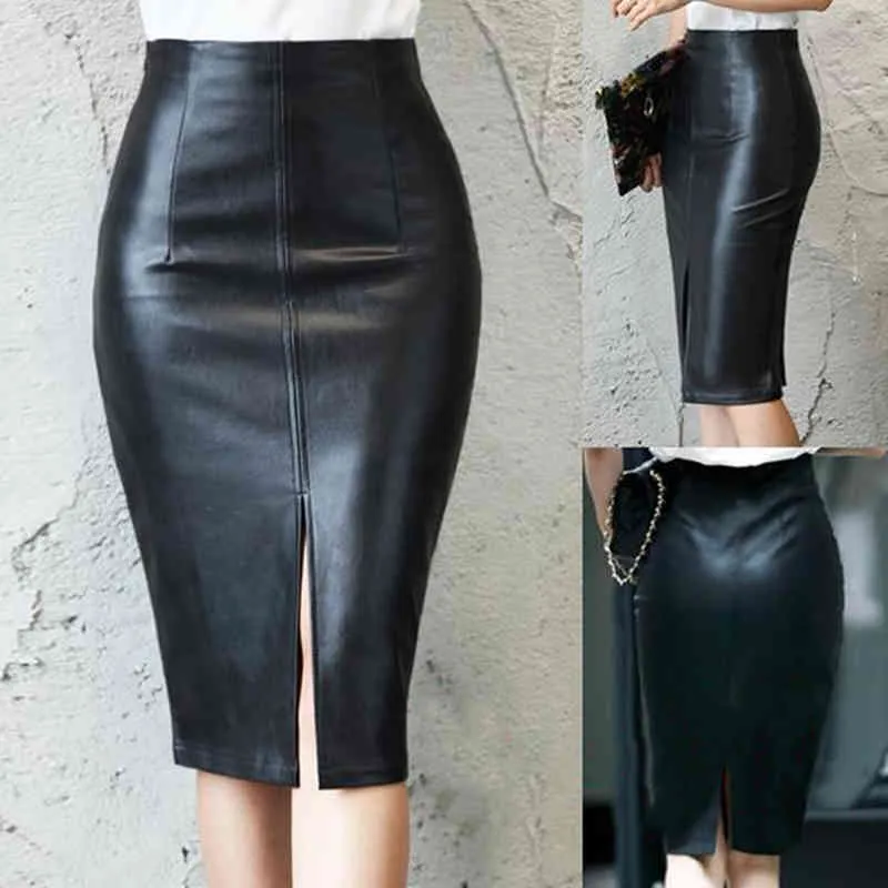 Черная искусственная кожаная юбка женщины 2021 новый MIDI сексуальная высокая талия Bodycon разделенная юбка офис карандаш юбка длина колена плюс размер x0522