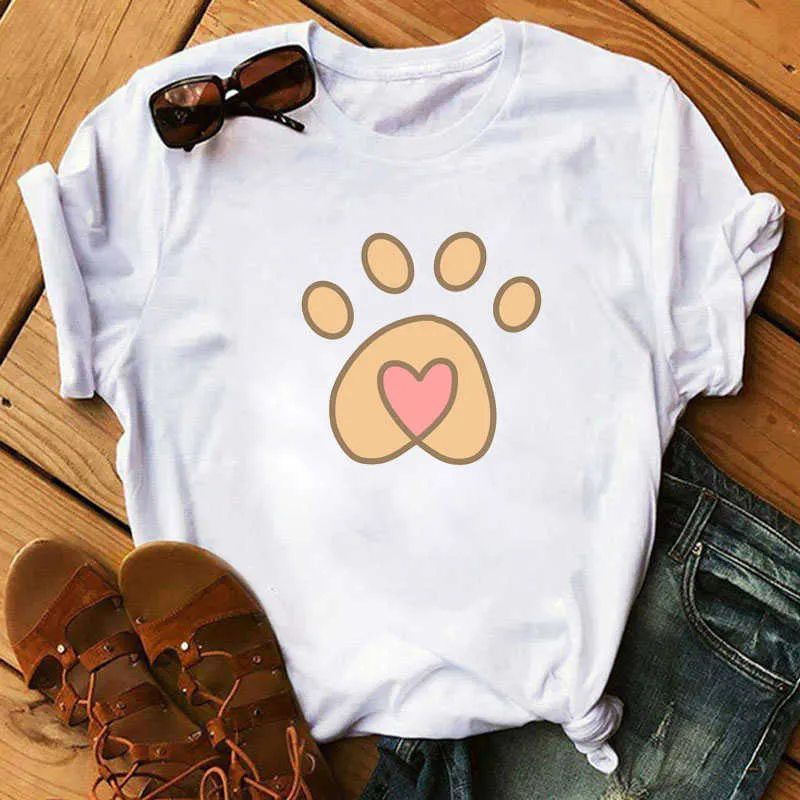 Love Heart Dog Paw Print T Shirt Women Cartoon T-shirt Funny Female T-shirt 2020 Summer Leisure Fashion Aesthetic Tshirt Tops X0527