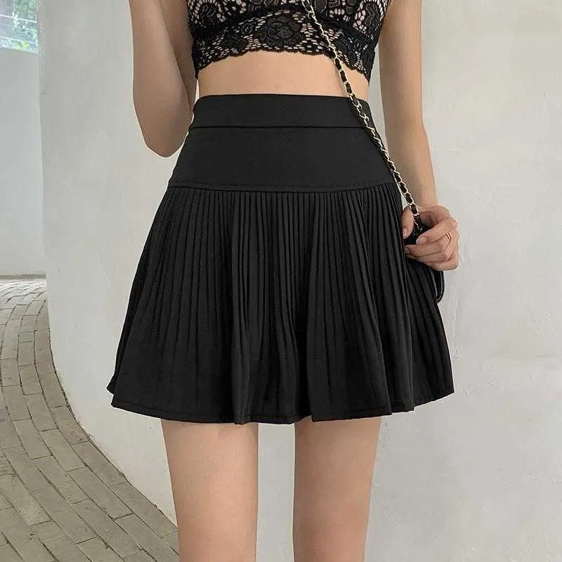 Hög midja solid svart mini veckade kjolar kvinnor casual mode ruffles sommar korean mujer faldas all-match sexiga klubbstudenter 210619