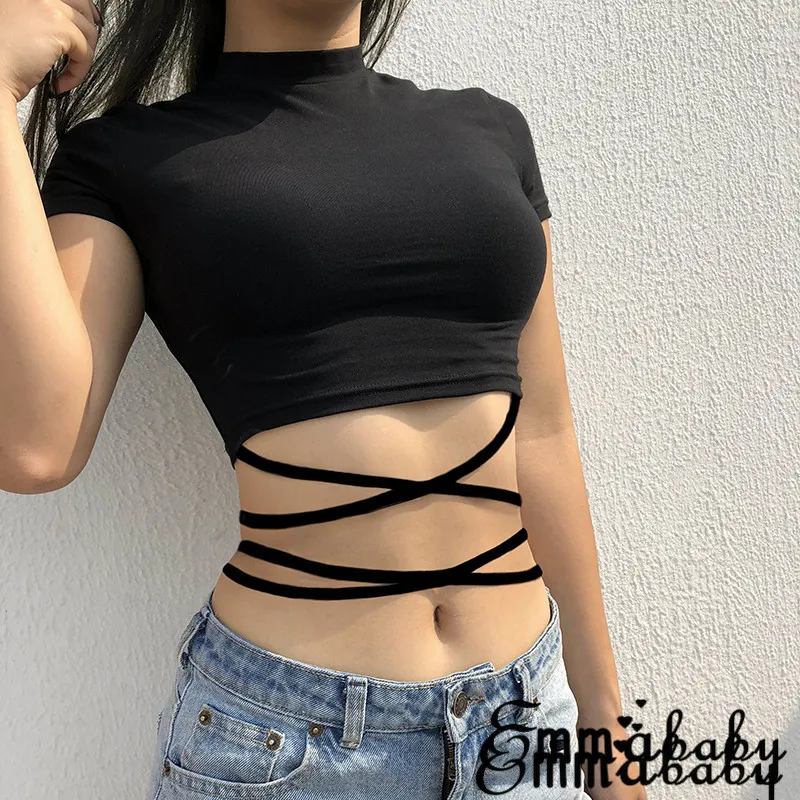 Sommer Frauen Schwarz Kurze T-Shirts Sexy Crop Tops Kurzarm Bandage T Tops Weibliche Shirts