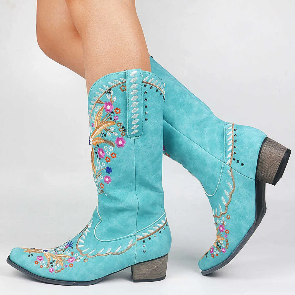 Sarairis Moda Karışık Renk Diz-Yüksek Kaliteli Kadın Ayakkabı Artı Boyutu 43 Nakış Batı Çizmeler Y0914