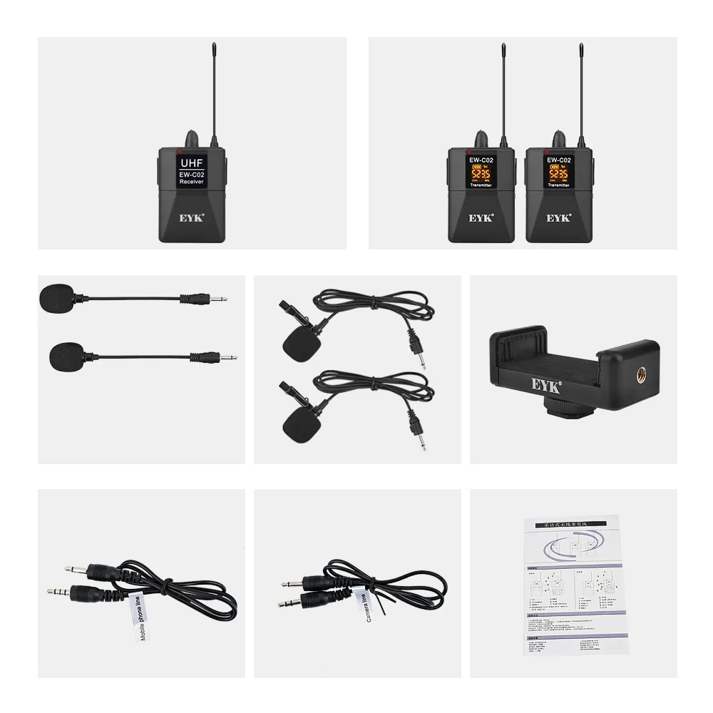 EYK EW-C02 30 Kanaals UHF Draadloos Dual Lavalier Microfoon Systeem 60m Range DSLR Camera Telefoon Interview Recording Revers Mic