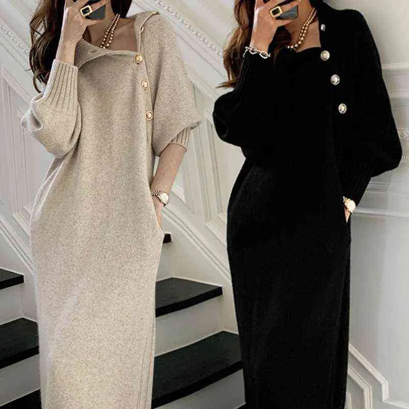 Elegant Evening Party Dress Knitted Diagonal Colla Sash Tie Up Autumn Winter Mid-calf Fashion Pullover Sweater Dresses Vintage G1214