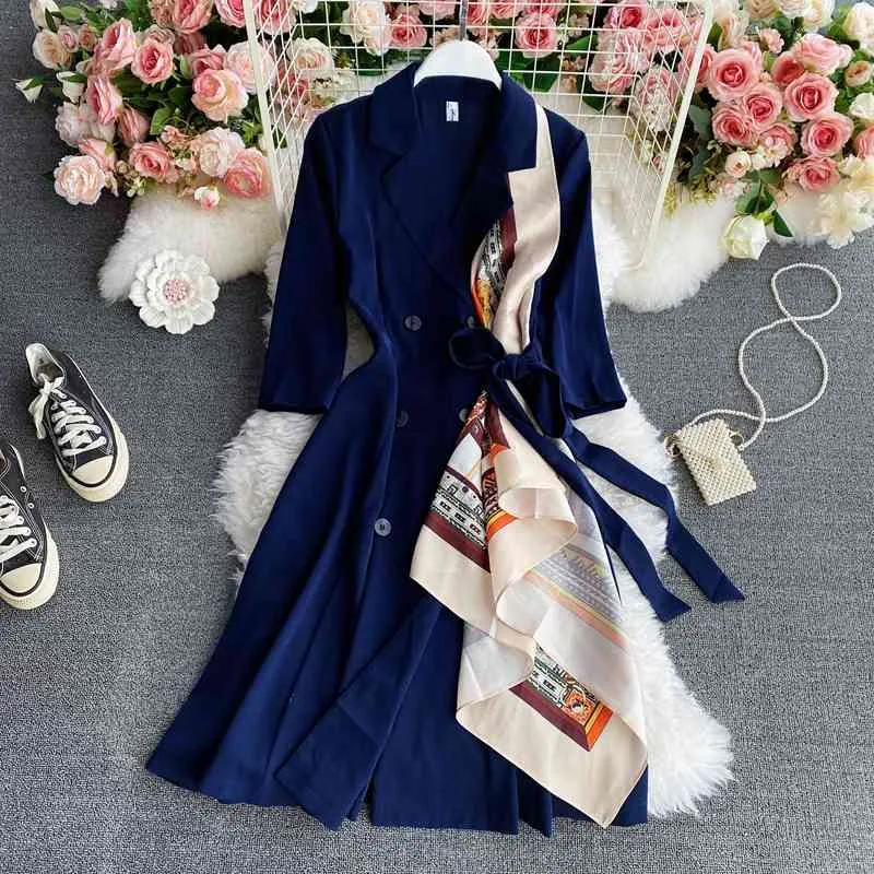 Primavera otoño francés mujer Vintage vestido elegante moda Oficina mujer seda bufanda empalme doble botonadura traje Collar 210514
