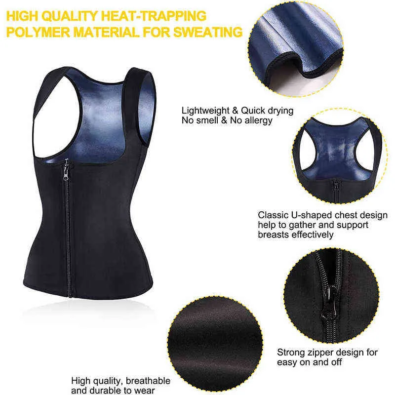 Vrouwen Sauna Shaper Vest Thermo Sweat Shapewear Tank Top Afslanken Taille Trainer Corset Gym Fitness Workout Rits Shirt 211029