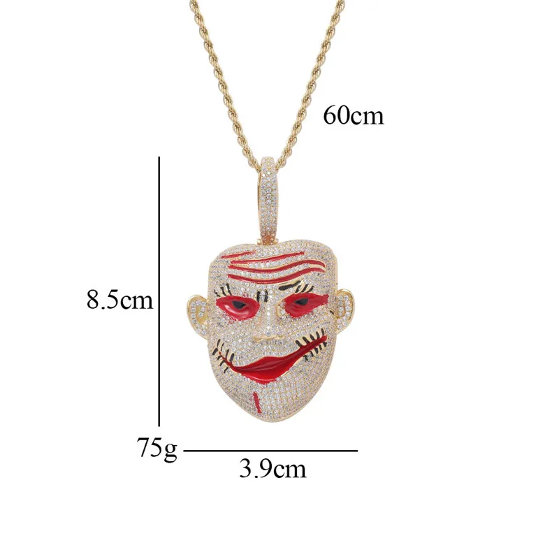 Hip Hop Lab Diamond Clown Pendant Necklace Iced Out Zircon Gold Silver Plated with Stainless Steel Rope Chain308Y