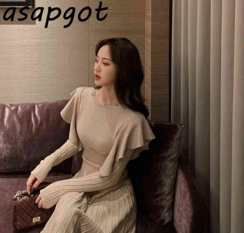 Einteiliges Gestricktes Pulloverkleid Koreanische Frauen Rüschen Taille Kleider 2021 Herbst Frauen Pullover Strickkleid Midikleid Plissee G1214