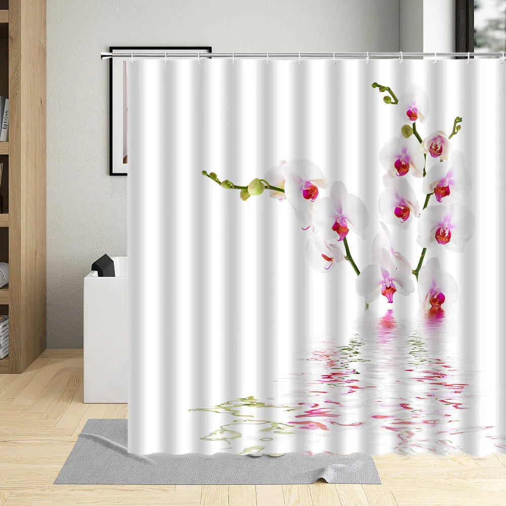 Witte orchidee phalaenopsis bloem douchegordijn elegante kunst decor badkamer gordijnen waterdichte stof badschermen met haken 210915