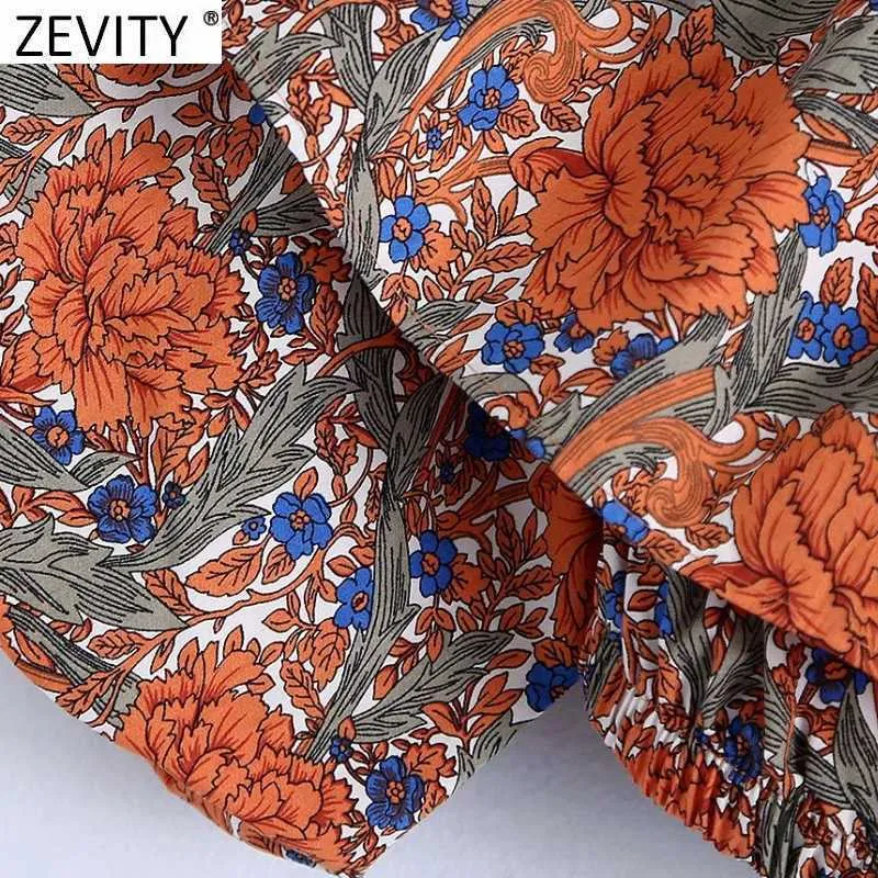 Zevity Womenホリデー熱帯花柄プリント弾性ショートスモックブラウス女性オフショルダーフリルシャツシッククロップトップスLS9218 210603